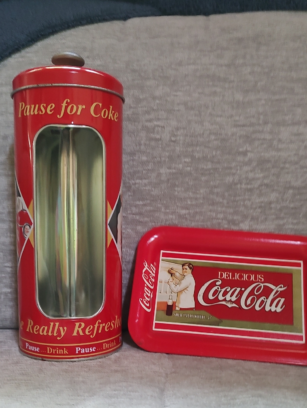 Coca-Cola Red Metal Canister and Tray Set with Gold Accents